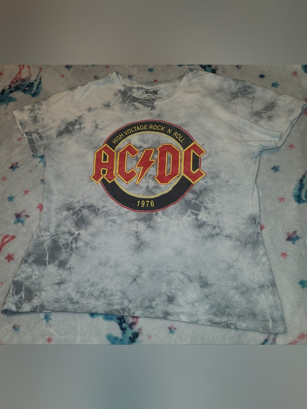 AC/DC Gray Tie-Dye Tee with Red & Yellow Logo